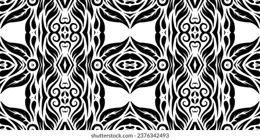 Seamless Black and white batik ethnic dayak flowers line art pattern for textile or fashion 
