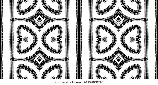 Seamless Black and white batik ethnic dayak borneo line art pattern for aesthetic background or garment textile