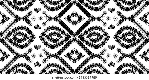 Seamless Black and white batik ethnic dayak borneo line art pattern for aesthetic background or garment textile