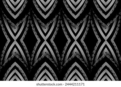 Seamless Black and white batik ethnic dayak borneo line art pattern for aesthetic background or garment textile