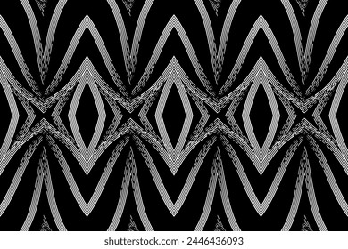 Nahtlose Schwarz-Weiß-Batik ethnische Dayak Borneo Linie Kunstmuster für ästhetischen Hintergrund oder Kleidungsstück Textil