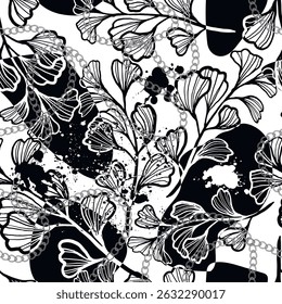 Seamless black and white beautiful floral pattern with hand drawn ginkgo leaves, abstract ink splashes and silver chains. Trendy vector design for textile, fashion and wallpaper. Endless dirty texture