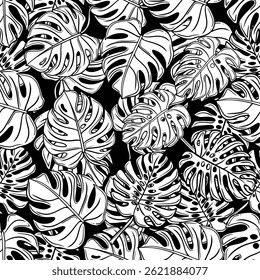 Seamless black white beautiful tropical Monstera leaves with lush green tones, perfect for nature-themed designs, backgrounds, interior decor mockups, botanical illustrations, eco-friendly branding. 