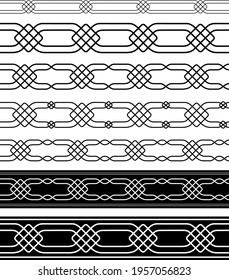 Seamless black and white borders. Arabic, Celtic style. Pattern brushes included.