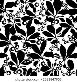 Seamless black and white botanical pattern featuring leaves and berries. Elegant nature-inspired vector design suitable for fabric, wallpaper, wrapping paper, and surface decoration.