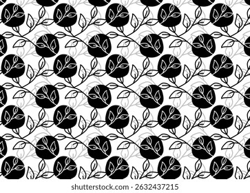 Nahtloses schwarz-weißes botanisches Muster mit handgezeichneten Blättern und runden Blumensilhouetten. Minimaler und moderner Kunststil. Ideal für Verpackungen, Textilien, Tapeten, Branding und Schreibwaren.