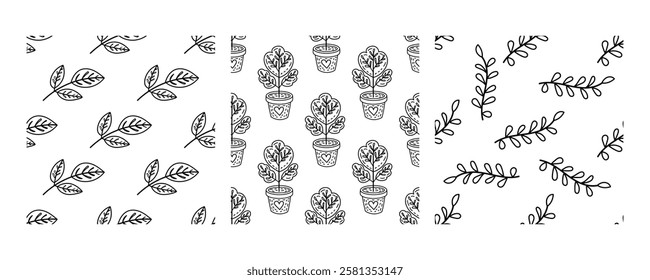 Seamless black and white botanical patterns with leaves and potted plants


