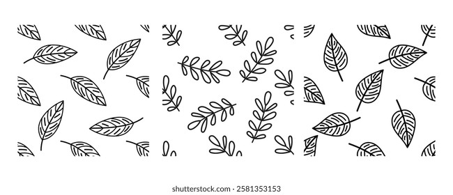 Seamless black and white botanical patterns with hand drawn leaves and branches

