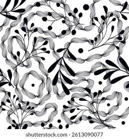 Seamless black and white botanical vector pattern with abstract branches, berries, flowing line textures. Modern and artistic design with ornamental elements, perfect for fabric, wallpaper, textile.