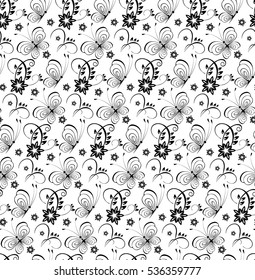 seamless black and white butterfly and flower pattern