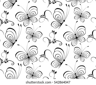 seamless black and white butterfly and flower pattern