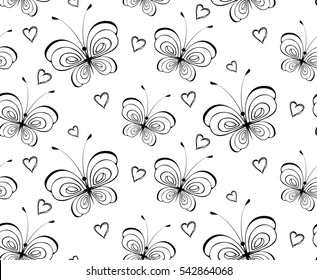 seamless black and white butterfly and heart pattern