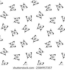 Seamless black and white butterfly pattern with a minimalistic and elegant design, perfect for textiles, wallpaper, packaging, and nature-inspired creative projects.