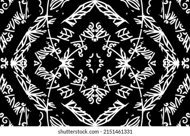 seamless Black and white caleidoscope gradient flower and leaf line art pattern of indonesian culture traditional tenun batik ethnic dayak ornament for wallpaper ads background 