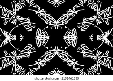 seamless Black and white caleidoscope gradient flower and leaf line art pattern of indonesian culture traditional tenun batik ethnic dayak ornament for wallpaper ads background 