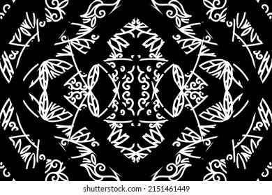 seamless Black and white caleidoscope gradient flower and leaf line art pattern of indonesian culture traditional tenun batik ethnic dayak ornament for wallpaper ads background 