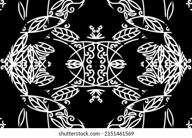seamless Black and white caleidoscope gradient flower and leaf line art pattern of indonesian culture traditional tenun batik ethnic dayak ornament for wallpaper ads background 
