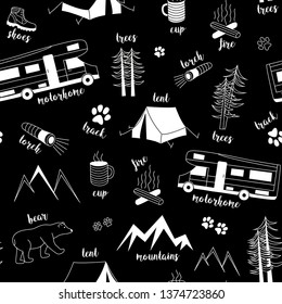 Seamless black and white camping theme pattern with English words. White flat elements on black board, vector illustration in hand drawn style for texture, textile, travel mobile app