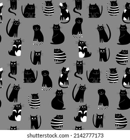 Seamless black and white cartoon cats, hand drawn. Funny seamless pattern