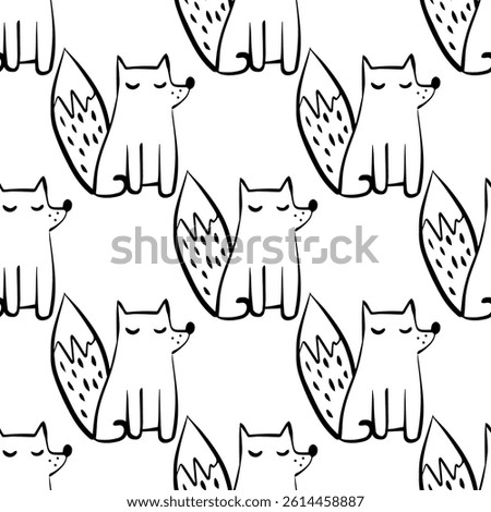 Seamless black and white cartoon fox pattern with cute sitting and sleeping foxes, playful minimal line art design perfect for kids fabrics, coloring pages, wallpapers, and surface prints