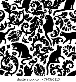 Seamless Black And White Cat Damask Pattern.