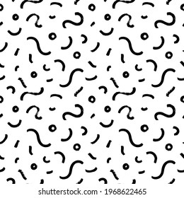 Seamless black and white chaotic design. Hand drawn vector rounded shapes and circles. Curved and curly grungy lines. Scribbled rough brushstrokes. Biological grunge squiggle lines, structure. 