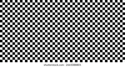 Seamless black and white checkerboard pattern with classic square design. Perfect for backgrounds, racing themes, and optical art. High-quality geometric vector texture for creative projects.