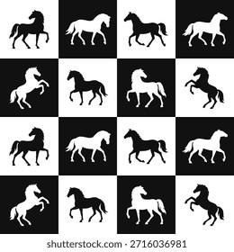 Patrón de tablero de ajedrez blanco y negro sin costuras con siluetas de caballo. Fondo de pantalla de tejas equinas para el Año del Caballo 2026. Imprimir con signo del zodiaco, fondo en negrita simple, papel de regalo, impresión de animales