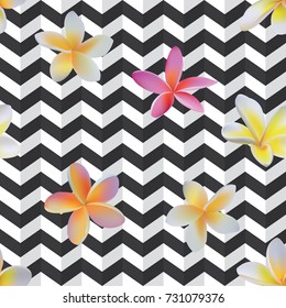 Seamless black and white chevron op art 3d illusion zigzag and tropical flowers pattern vector
