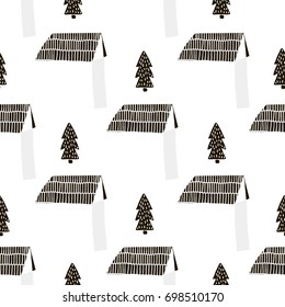 Seamless black and white childish pattern. Scandinavian style vector modern texture for kids with house,tree