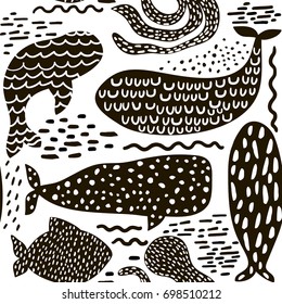 Seamless black and white childish pattern. Scandinavian style vector modern texture for kids with whale,fish,octopus