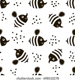 Seamless black and white childish pattern. Scandinavian style vector modern texture for kids with bee