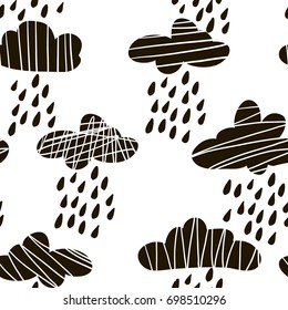 Seamless black and white childish pattern. Scandinavian style vector modern texture for kids with clouds