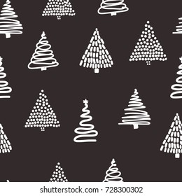 Seamless black and white christmas pattern with collection of christmas trees