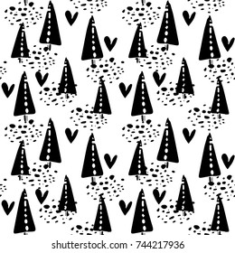 Seamless black and white Christmas pattern with fir-trees and snow in a hand-drawn style. New Year's wrapping paper, background and texture, scrapbook