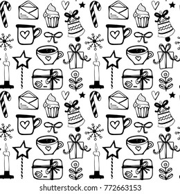 Seamless black and white christmas pattern in a handmade style. Christmas decorations, sweets and attributes. New Year's wrapping paper, background and texture.