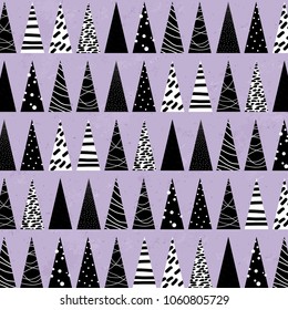 Seamless Black White Christmas Trees Pale Ultra Violet Purple Structure Background Vector Pattern