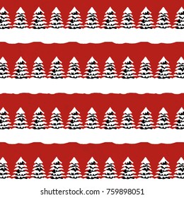 Seamless Black White Christmas Trees Snow Stripes Red Structure Vector Pattern