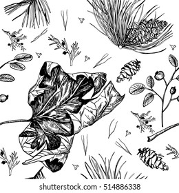Seamless black and white Christmas winter pattern with fir branches, blackberries and cones. Can be used for textile design or book cover