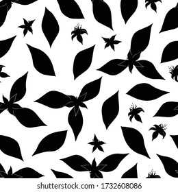 Seamless black and white citrus tree leaves with flowers vector seamless pattern. Monochrome background on white