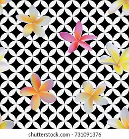 Seamless black and white classic round exclusion pattern with tropical flowers vector