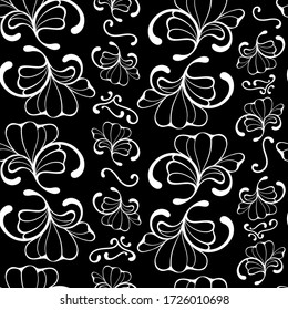 Seamless black and white colored decorative pattern with clover trefoil ornament and with stylized leaves and curls