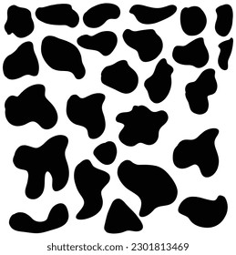 Seamless black and white cow pattern, doodle style. Cow texture pattern. Animal skin template. Spot background. Vector design illustration. Random bovine spots hand drawn design.  