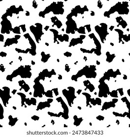 Patrón de manchas de vaca en blanco y negro sin costuras, estilo simple. Manchas negras aleatorias sobre un fondo blanco. Se puede utilizar para el Fondo de pantalla, diseño textil, fondo de página de Web. Anuncio de textura animal de granja.