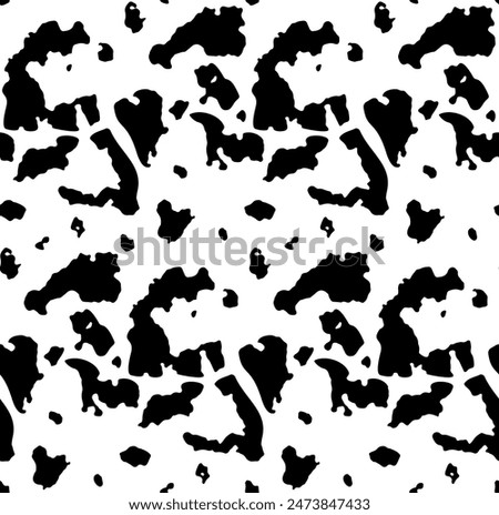 Seamless black and white cow spots pattern, simple style. Black random spots on a white background. Can be used for wallpaper, textile design, web page background. Farm animal texture banner.