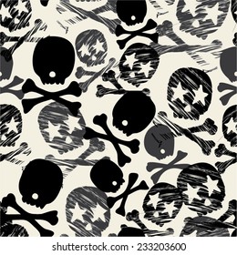 Seamless Black, White & Cream Star Skull Print - Repeating Background & Wallpaper