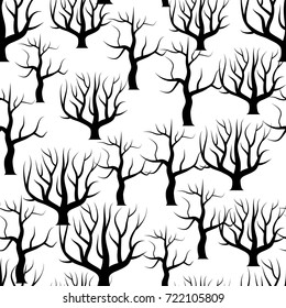 Seamless black and white curved trees without leaves backgrounds. Vector forest seamless texture.