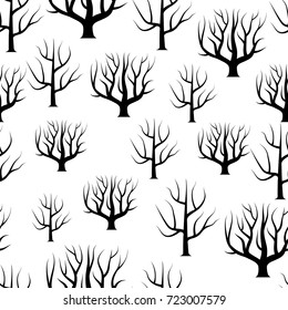 Seamless black and white curved trees without leaves backgrounds. Vector forest seamless texture.