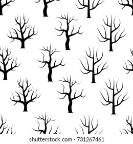 Seamless black and white curved trees without leaves backgrounds. Vector forest seamless texture.