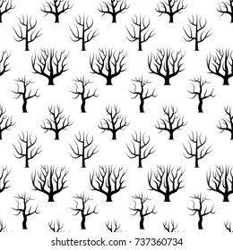 Seamless black and white curved trees without leaves backgrounds. Vector forest seamless texture.
